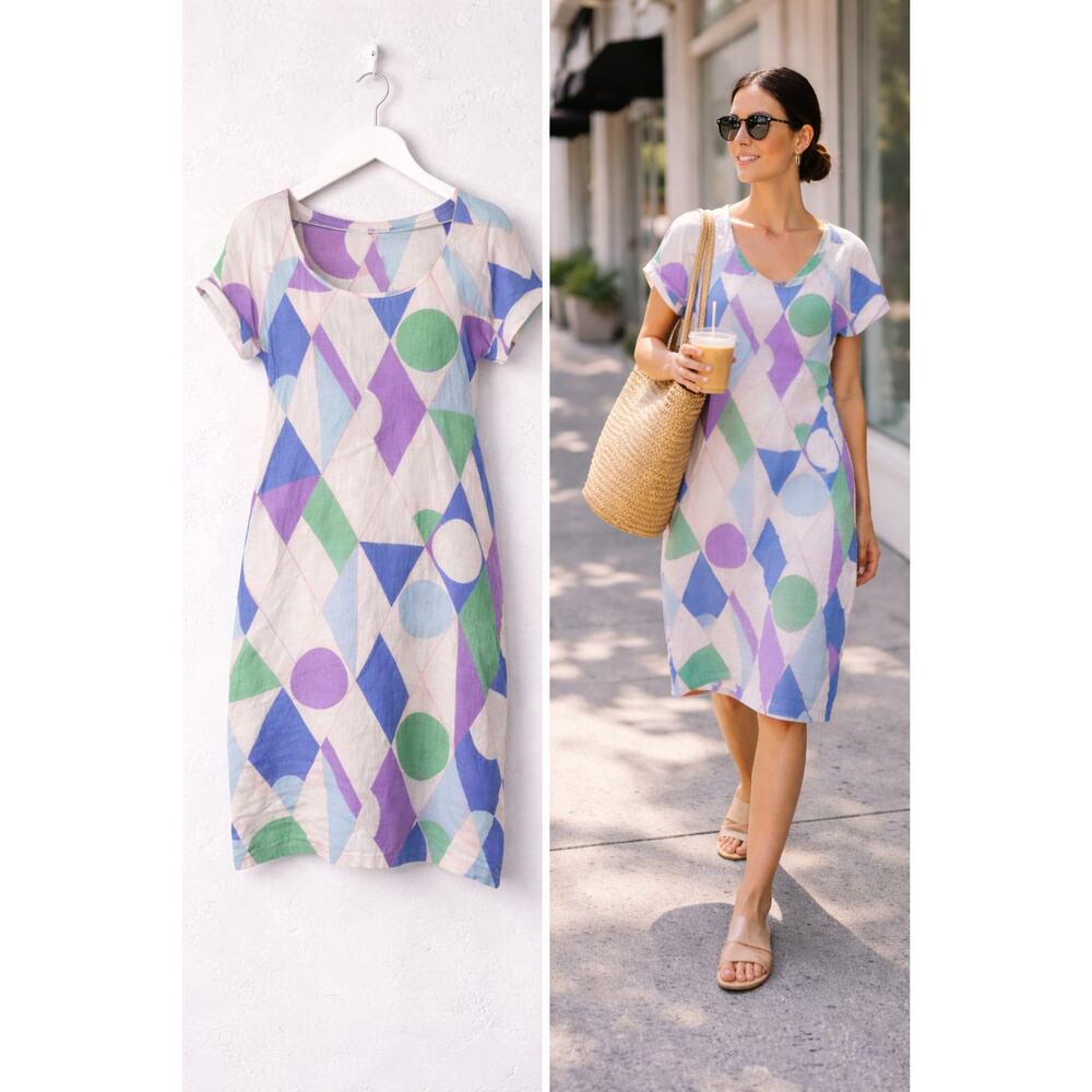 Indian Summer Linen Geometric Print Shift Dress Artsy Boho